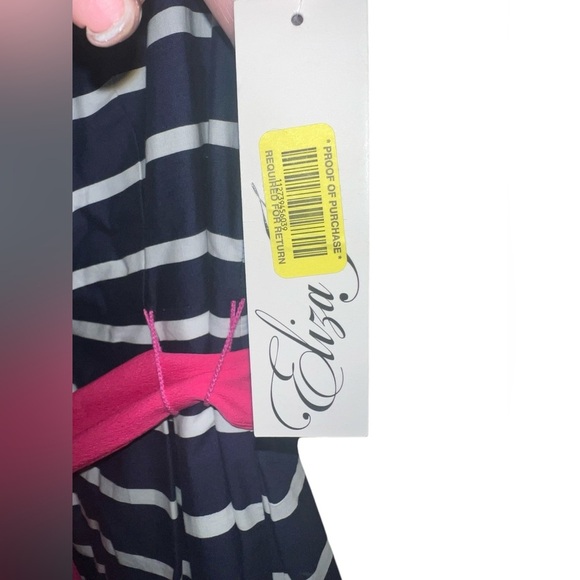 Nwt Eliza J Fit & Flare Pleated Navy Cream Striped Dress Belted Pink Bow Sash 6 - Picture 3 of 8